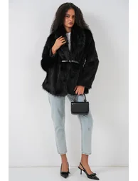 Women's Belted Oversize Fur Coat 9156 - Black