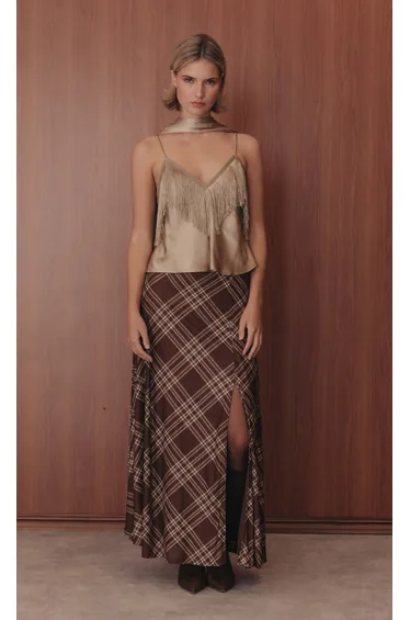 Brown Check Mesh Print Maxi Skirt
