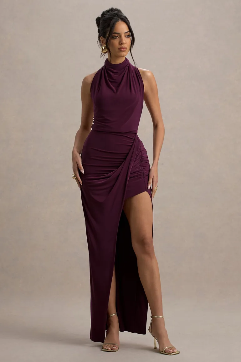 Hayden | Burgundy High-Neck Draped Split Maxi Dress - 2