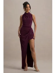 Hayden | Burgundy High-Neck Draped Split Maxi Dress - 2