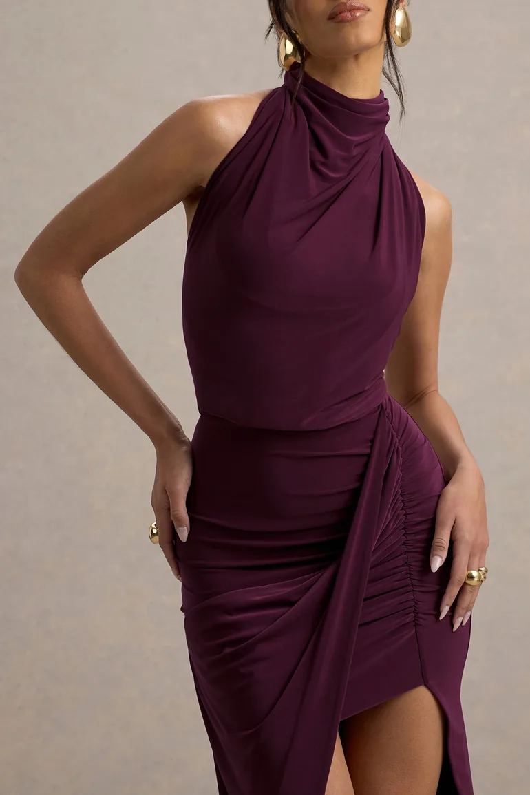 Hayden | Burgundy High-Neck Draped Split Maxi Dress - 3