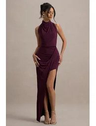 Hayden | Burgundy High-Neck Draped Split Maxi Dress