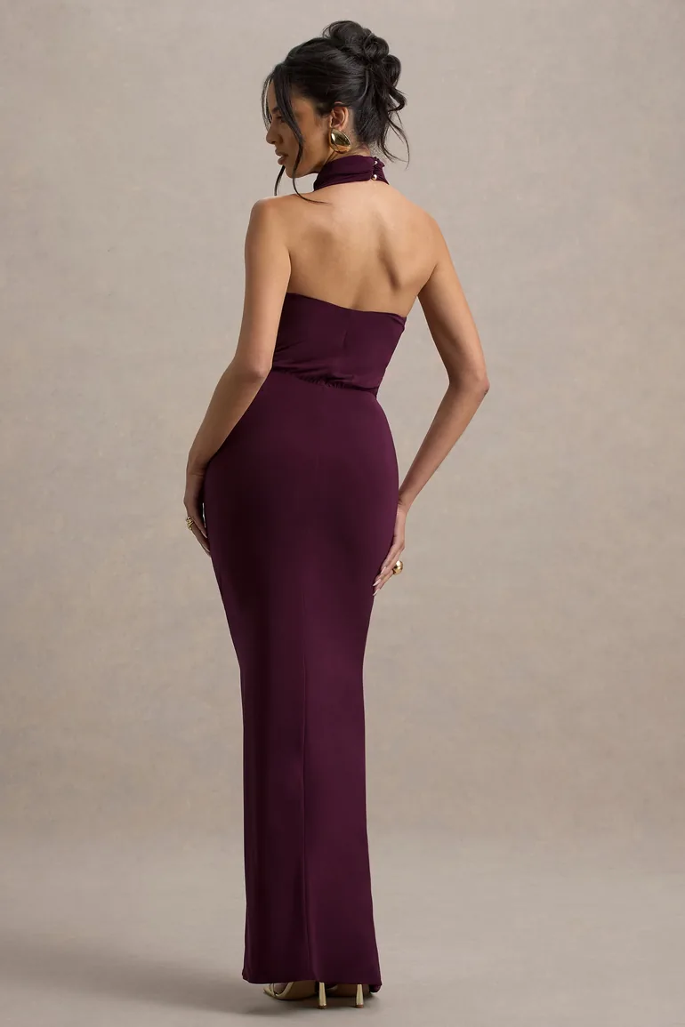 Hayden | Burgundy High-Neck Draped Split Maxi Dress - 1