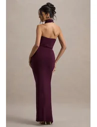 Hayden | Burgundy High-Neck Draped Split Maxi Dress - 1