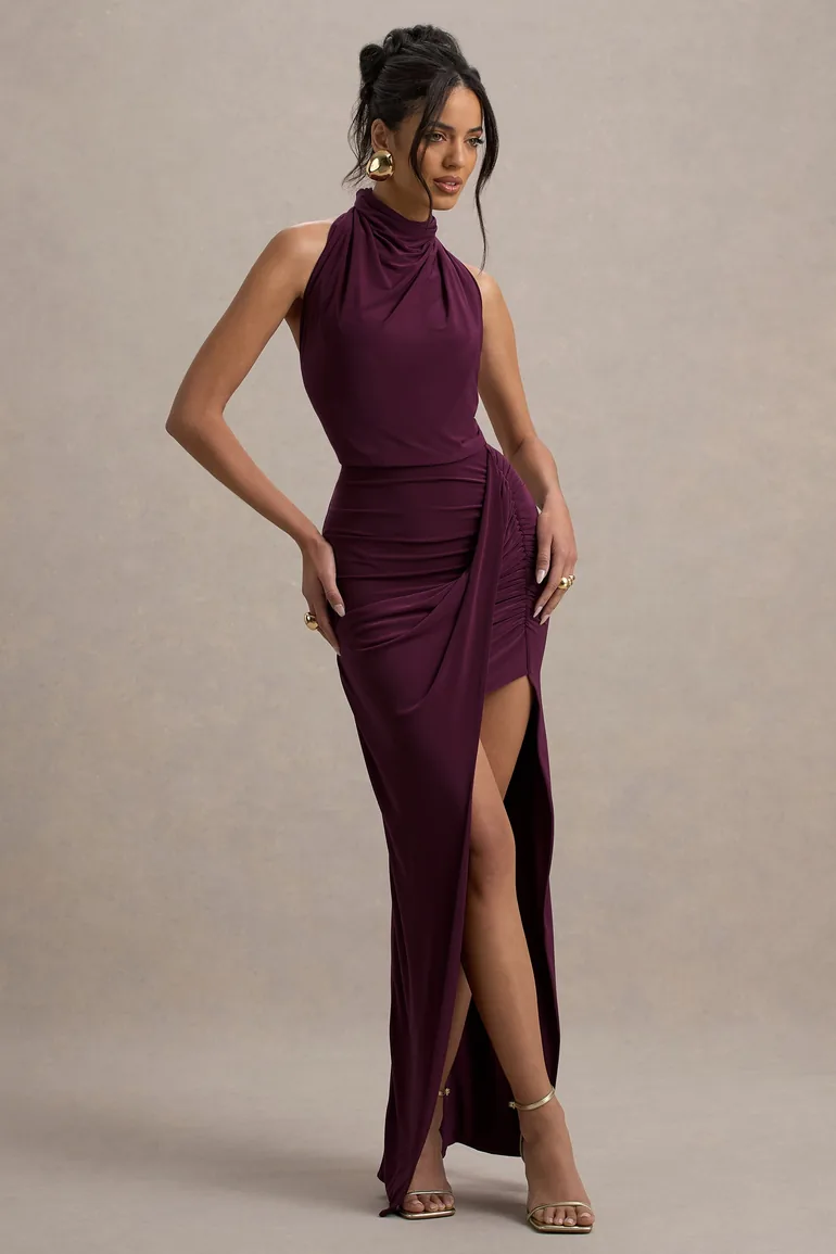 Hayden | Burgundy High-Neck Draped Split Maxi Dress - 4