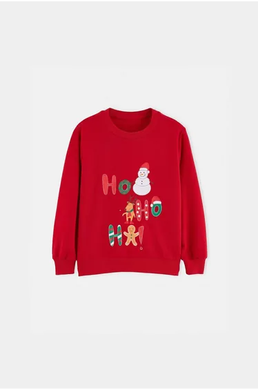 Red Girl/Boy Cotton Christmas Printed Knitted Thick Non-Embossed Sweatshirt
