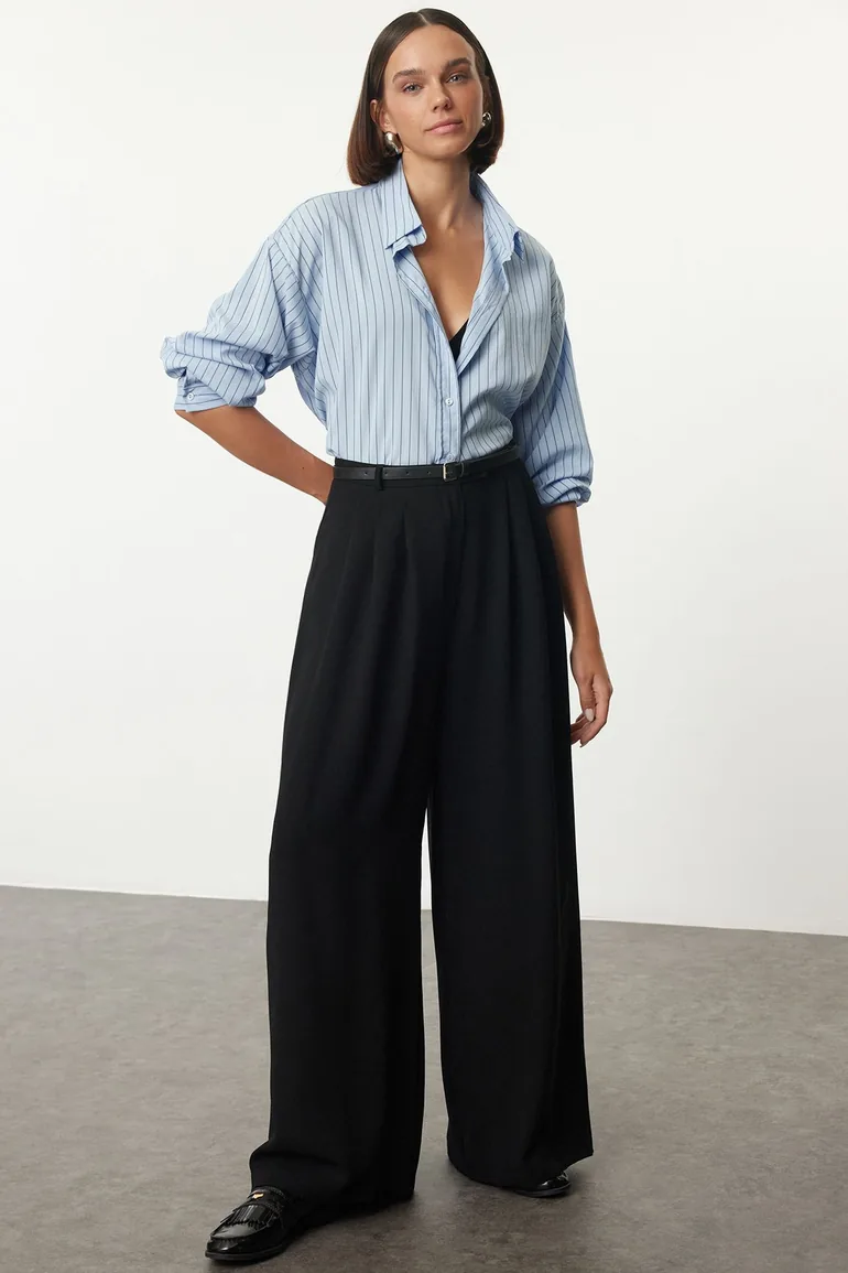 Black Belted Pleated Wide Leg/Extra Wide Leg Woven Trousers