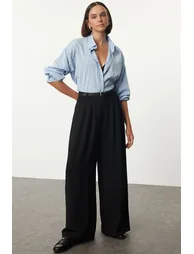 Black Belted Pleated Wide Leg/Extra Wide Leg Woven Trousers