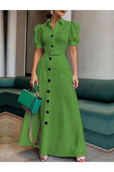 Puff Sleeves Short Sleeves Belted Buttoned Solid Color Lapel Maxi Dresses Shirt Dress