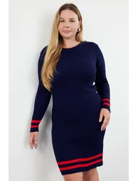 Navy Blue Corduroy Knitwear Plus Size Dress