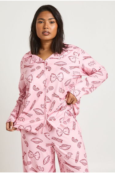 Plus Pasta Print Long Sleeve Shirt And Trousers Pyjama Set - pink product thumbnail 3