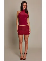 Dark Red Lace Low Rise Mini Skirt