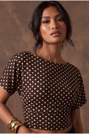 Brown Polka Dot Fitted Asymmetrical Short Sleeve Stretch Knitted Blouse product thumbnail 2