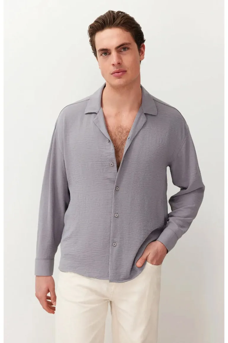 Men's Light Gray Oversize Fit Wide Collar Summer Linen Look Shirt