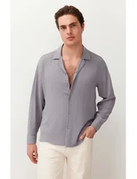 Men's Light Gray Oversize Fit Wide Collar Summer Linen Look Shirt