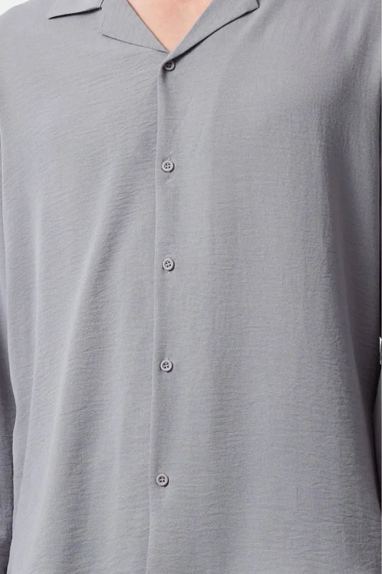 Men's Light Gray Oversize Fit Wide Collar Summer Linen Look Shirt - 3