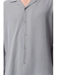Men's Light Gray Oversize Fit Wide Collar Summer Linen Look Shirt - 3