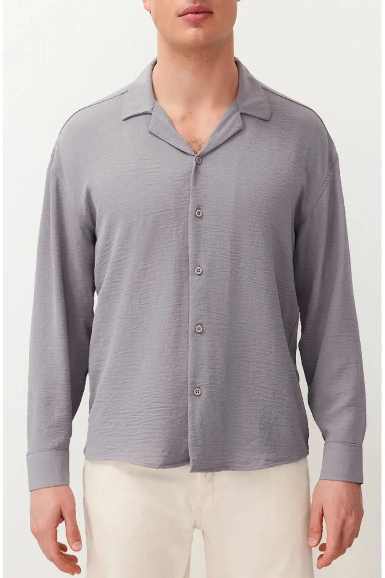 Men's Light Gray Oversize Fit Wide Collar Summer Linen Look Shirt - 1