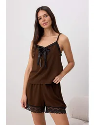 Brown Lace Detailed Viscose Woven Pajama Set