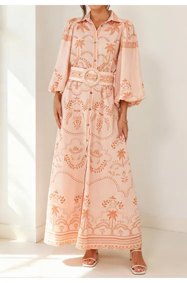 Tropical Island Puff Sleeve Belted Shirt Dress for Coastal Walks & Seaside Dinners