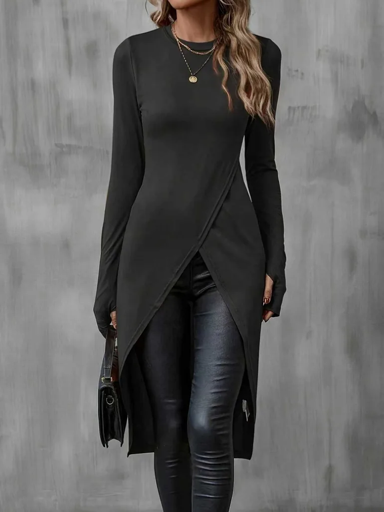Women Black Long Sleeve Asymmetric Top