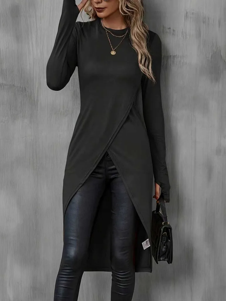 Women Black Long Sleeve Asymmetric Top - 4