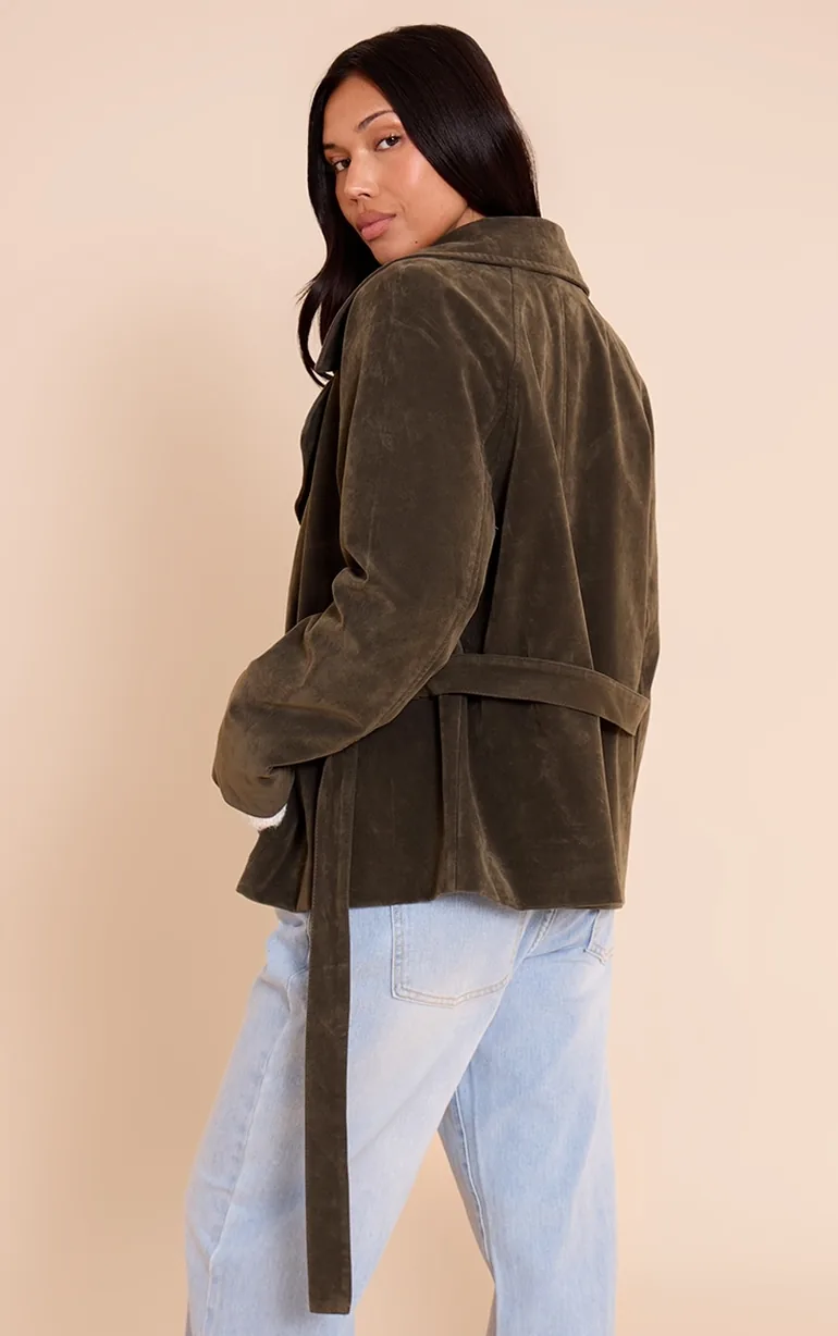 Khaki Faux Suede Belted Jacket - 1