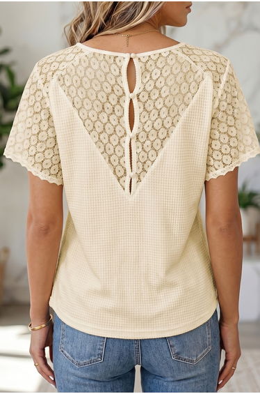 Lvness Beige Lace Splicing Button Cutout V Neck Waffle Knit Blouse product thumbnail 2