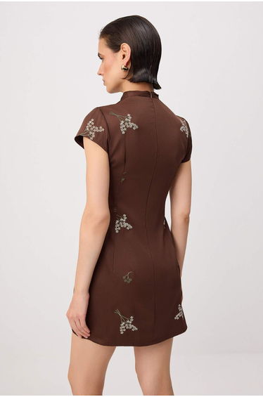 Brown Floral Embroidery and Tie Detail A-Line/A-Line Shape Short / Mini Woven Satin Dress product thumbnail 4