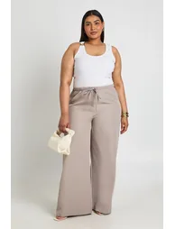 Plus Woven Elasticated Waist Drawstring Wide Leg Trouser - stone