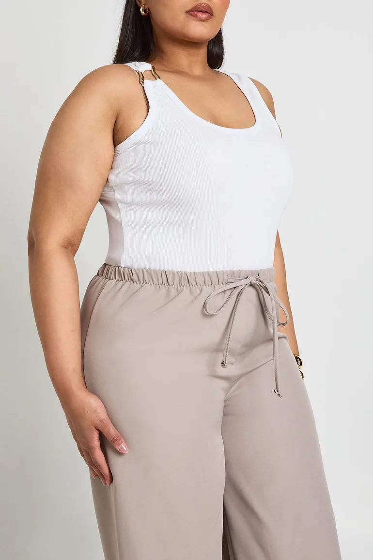 Plus Woven Elasticated Waist Drawstring Wide Leg Trouser - stone - 3
