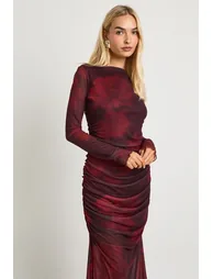 Floral Ruched Mesh Maxi Dress - red - 3