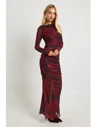 Floral Ruched Mesh Maxi Dress - red