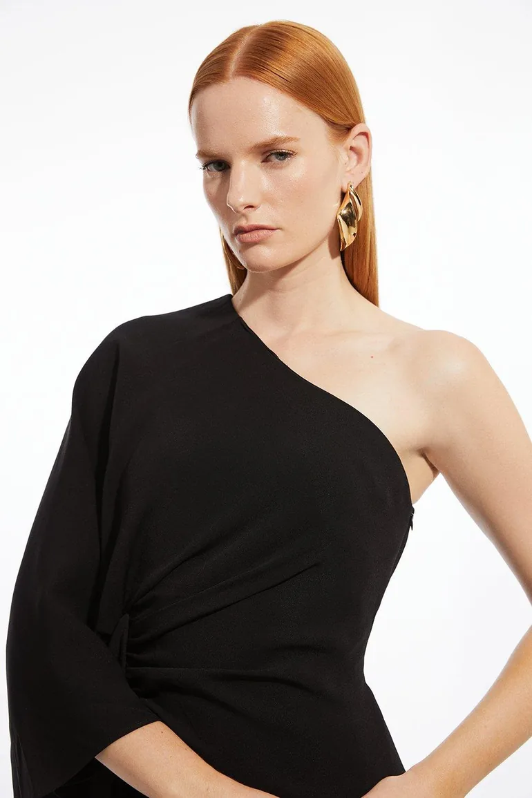 Compact Stretch Viscose Drape Sleeve One Shoulder Tailored Dress - 1