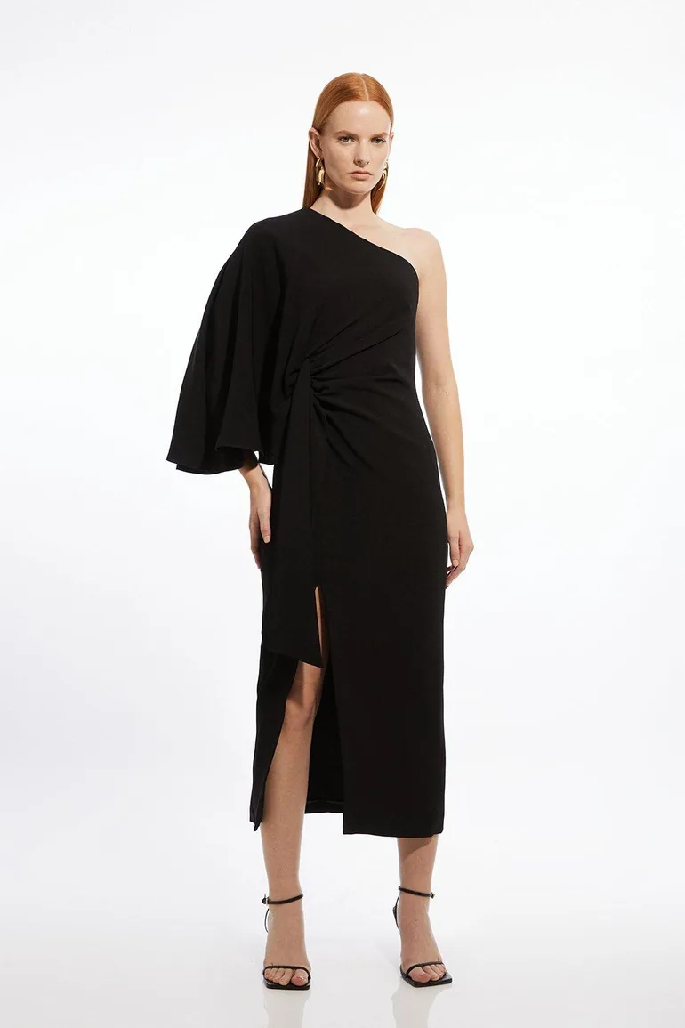 Compact Stretch Viscose Drape Sleeve One Shoulder Tailored Dress