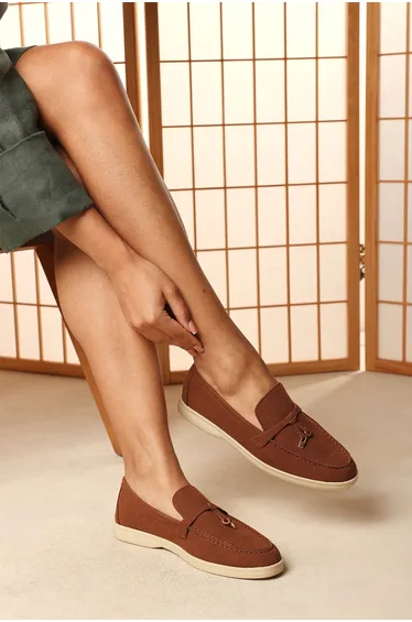 Lunara Brown Penny Loafers With Metal Trim Detail