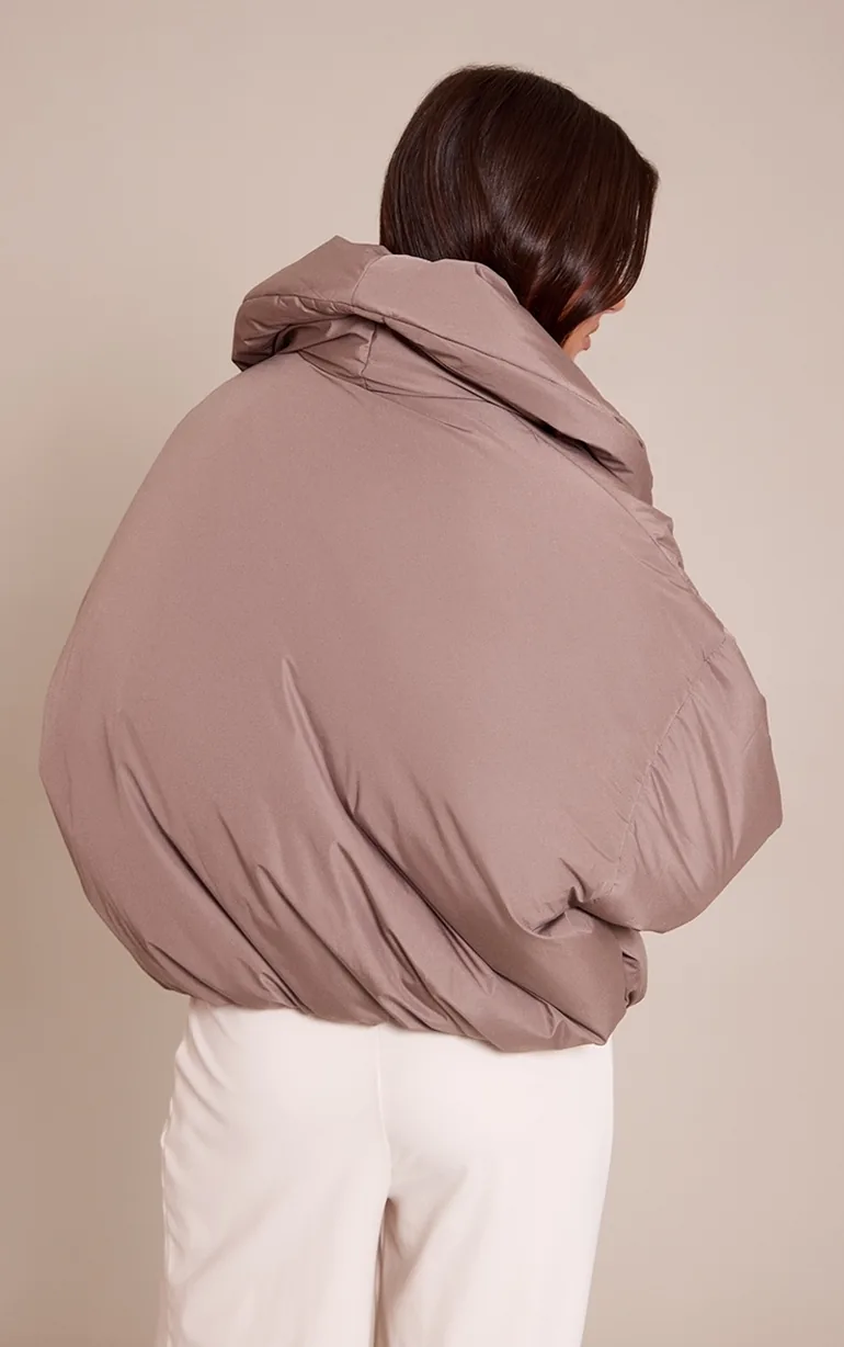 Taupe Exaggerated Collar Shell Puffer Jacket - 1