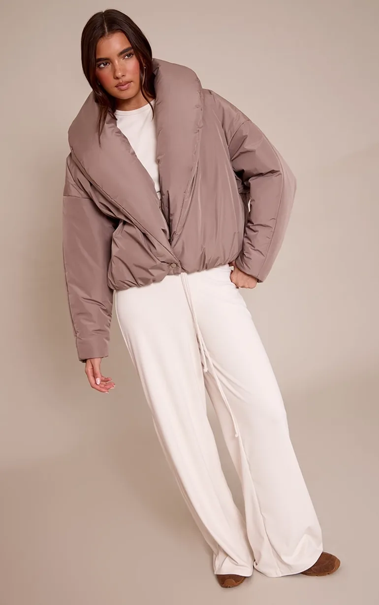 Taupe Exaggerated Collar Shell Puffer Jacket - 2