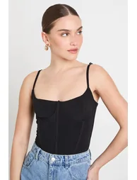 Double Layer Slinky Boned Corset Strappy Bodysuit - black - 3