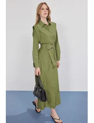 Khaki Belt Buckle Detailed Woven Terrycotton Dress - 2