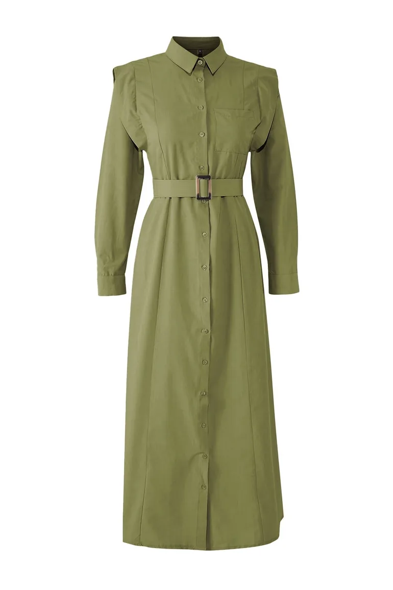 Khaki Belt Buckle Detailed Woven Terrycotton Dress - 4