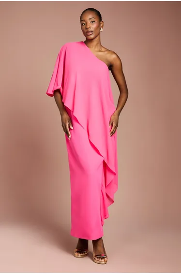 One Shoulder Chiffon Cape Crepe Pencil Dress