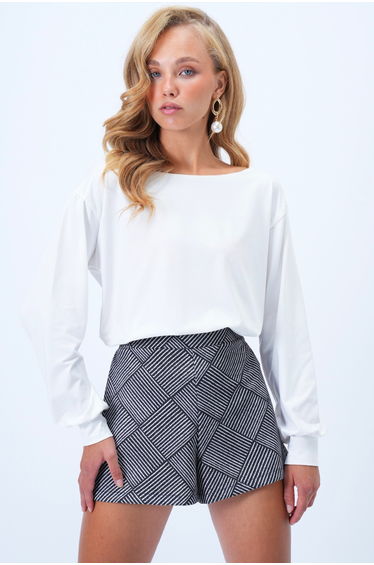 Women's White Boat Neck Sleeves Cuffed Blouse