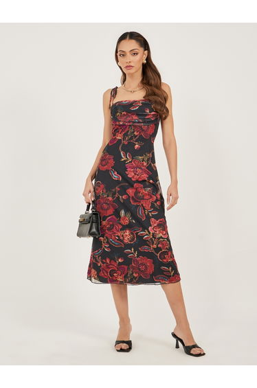 Floral Print Ruched Strappy Sheath Midi Dress