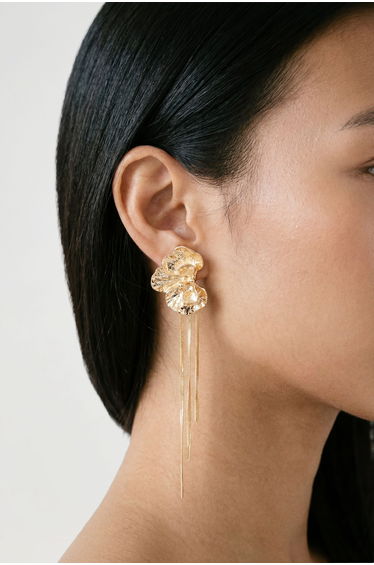Orchid Flower Fringed Statement Earrings - gold