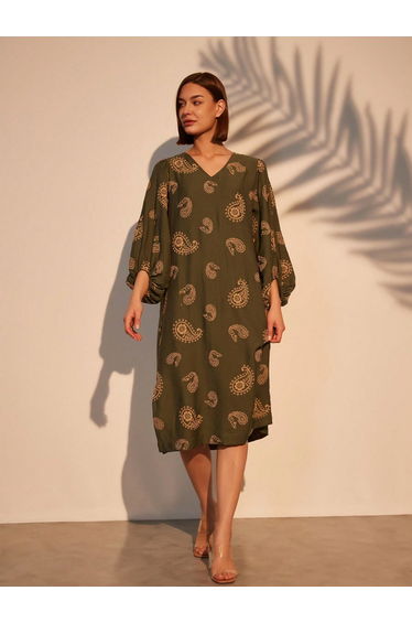 Paisley Print Midi Dress with Volume Sleeves