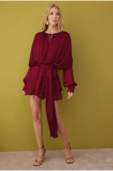 Burgundy tie-dye boho woven satin mini dress with built-in shorts tpraw26el00039