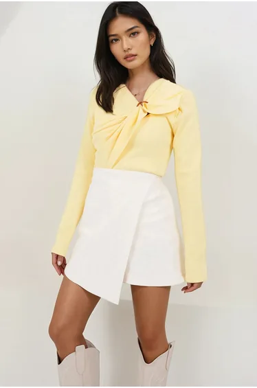 Women's Yellow Asymmetrical Collar Accessory Detailed Gathered Ribbed Knit Blouse