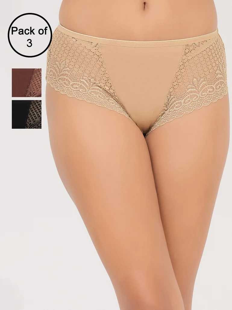 Pack of 3 - Mid Waist Hipster Panty with Lace Wings - Cotton