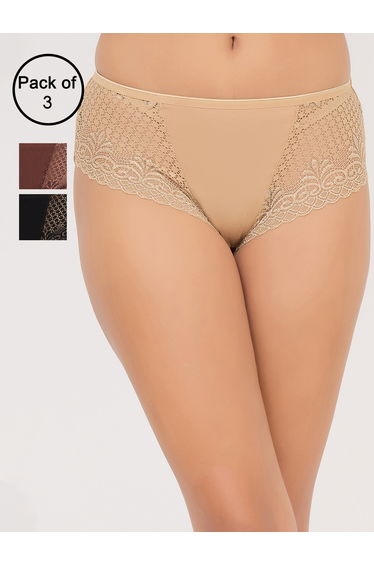 Pack of 3 - Mid Waist Hipster Panty with Lace Wings - Cotton